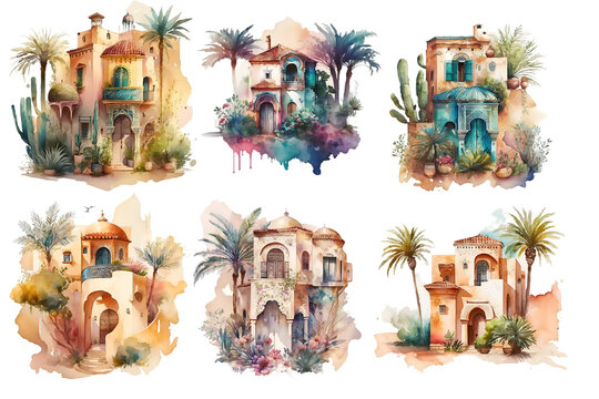 Oriental cottages houses watercolor. Generative AI, png