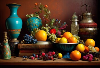 illustration, creative arrangement vintage objects still life composition, antique, retro, artistic, display, decor, collectibles, aesthetic, design