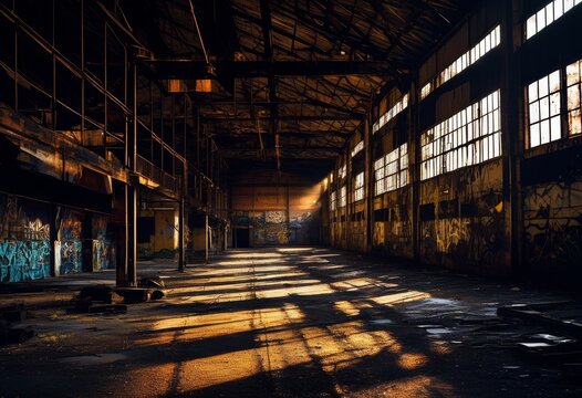 illustration, abandoned industrial warehouse urban exploration, derelict, desolate, vacant, empty, forsaken, neglected, eerie, spooky, haunting