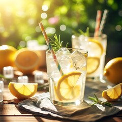 Lemonade , a glass filled with a drink surrounded by lemons, oranges, and other fruit. There's also a variety of fruits and the drink in 3D.