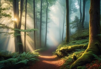 illustration, misty forest landscape foggy atmosphere trees light scenic nature pictures, rays, atmospheric, woods, woodland, haze, tranquil, serene