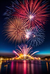 Fototapeta na wymiar illustration, vibrant long exposure fireworks display festive event, celebration, colorful, night, sky, party, explosion, bright, show, streaks, motion