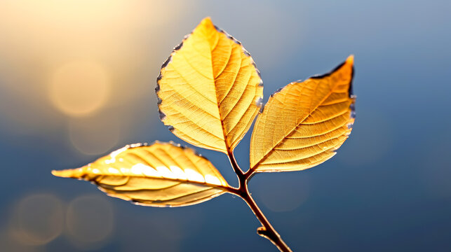 A leaf is shown in a photo with a blue sky background. The leaf is yellow and has a shiny appearance. The photo has a serene and peaceful mood, as the leaf is the only object in the image