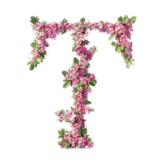 Letter T. Light fresh floral spring composition in sakura petals in beige and pink tones on blue, arrival of spring dynamic greens and sakura, attention to detail product, bokeh and particles