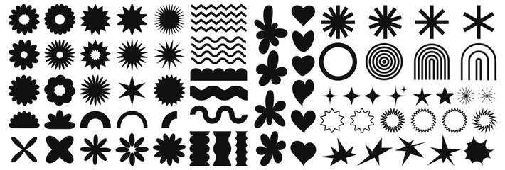 Trendy abstract shapes. Flower, star, wave, heart, circle, spiral. Retro groovy aesthetic. Contemporary y2k style. Elements for posters design, stickers. Vector illustration.