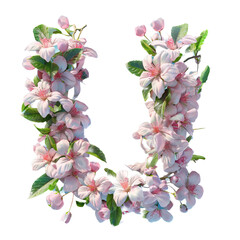 Letter U. Light fresh floral spring composition in sakura petals in beige and pink tones on blue, arrival of spring dynamic greens and sakura, attention to detail product, bokeh and particles