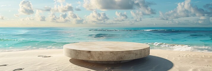 A serene summer scene with sand and tropical sea, featuring an abstract stone podium for showcasing moments or objects