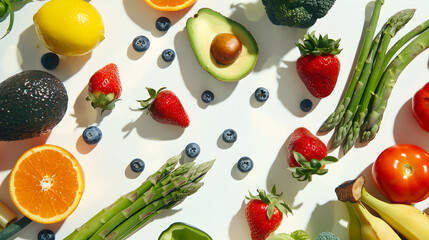 Vibrant Fresh Fruits and Vegetables Displayed on White Surface - A Representation of Healthy and Nutritious Food Choices