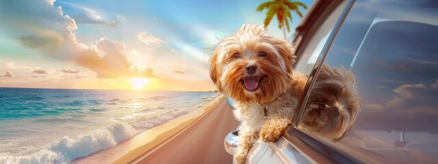 A funny cute dog looks out of the car window on the road to the ocean. Summer country trip with pets to the palm beach. Family trip on summer vacation California 60s.