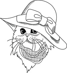 A Cute Cat Wearing Hat And Scarf Outline Vector illustration. Cat Wearing Hat With Ribbon and Neckerchief Outline. Cute Cat Coloring Page. Black and White Cute Cat Wearing Hat.