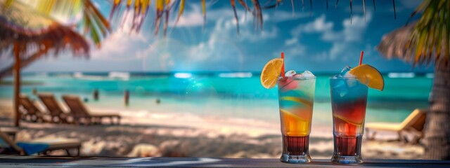 Fototapeta premium Cocktails at a beach bar at tropical resort. Colorful drinks in the sand by the sea, lights in the background. Summer vacation background, banner for travel, tourism, party. 