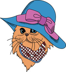 A Cute Cat Wearing Hat And Scarf Vector illustration. Cat Wearing A Blue Hat With a Pink Ribbon and a Checkered Neckerchief. 