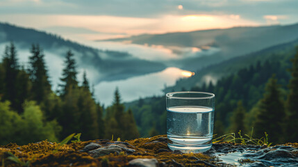 Glass of water in hand on the background of nature, clean drinking water