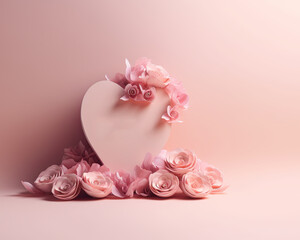 Heart Shape with roses on pastel pink background generative AI