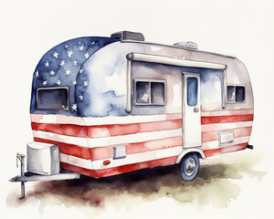 Vintage Camper Van Watercolor Generative AI American Flag Theme