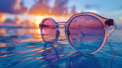 Fototapeta na wymiar Clear Eyeglasses On Reflective Water With Sunset In Background