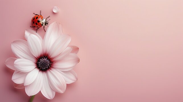 Pink background with isolated white flowers. Welcome ladybugs as they explore the delicate petals. Ample space for this simple design message. Suitable for various purposes