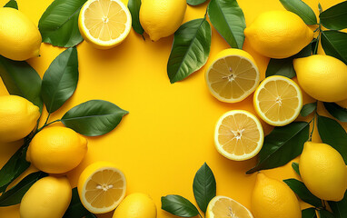 Ripe lemons and green leaves: a vibrant citrus display against a sunny yellow backdrop, embodying the essence of summer freshness and minimalistic creativity