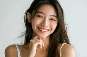 Radiant Young Woman Smiling Gently Against a Neutral Background in Natural Light