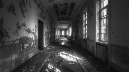 Abandoned Asylum: Photograph the haunting interior of an abandoned asylum or psychiatric hospital, with empty hallways, decaying furnishings, and peeling wallpaper. Generative AI - obrazy, fototapety, plakaty