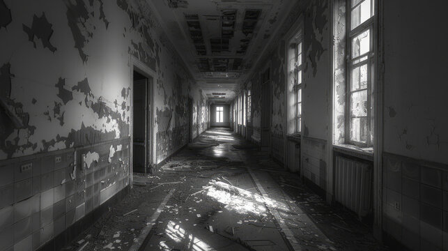 Abandoned Asylum: Photograph the haunting interior of an abandoned asylum or psychiatric hospital, with empty hallways, decaying furnishings, and peeling wallpaper. Generative AI