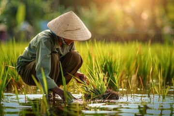 Farmer planting rice seedlings in the paddy fields in Vietnam
