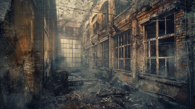 Abandoned Factory: Photograph an old industrial building with broken windows, crumbling brick walls, and rusted machinery scattered around. Generative AI