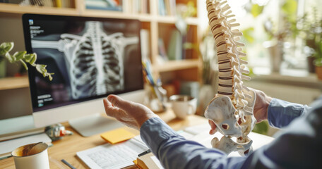 Close-up of male doctor showing skeleton model while sitting at desk in office
 - obrazy, fototapety, plakaty