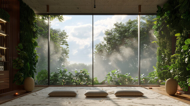 Biophilic Meditation Room: Photograph a biophilic-inspired meditation room featuring living green walls, natural wood accents, and floor-to-ceiling windows overlooking serene landscape. Generative AI