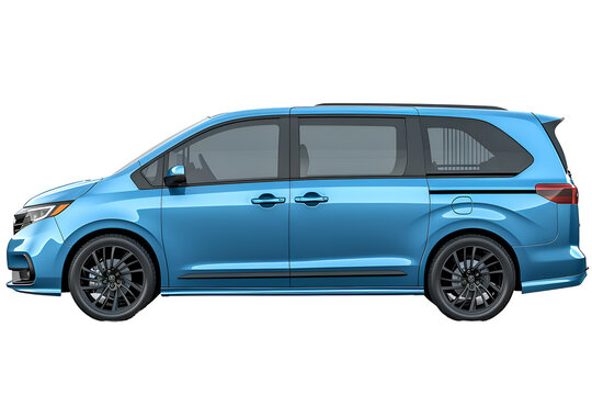 A 3D animated cartoon render of a shiny blue minivan with tinted windows.