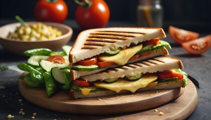 A grilled cheese sandwich with tomato and cucumber slices on a white plate, served on a table