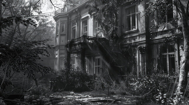 Decaying Mansion: Capture a dilapidated mansion or estate with overgrown vegetation reclaiming the exterior. Convert the image to black and white to emphasize the contrast between light and shadow. 