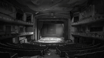 Deserted Theater: Capture the faded grandeur of an abandoned theater or cinema, with crumbling balconies, torn curtains, and faded marquees. Generative AI