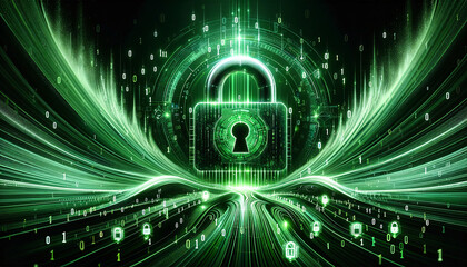 Vibrant green cybersecurity visualization showcasing digital locks and binary streams symbolizing data security.