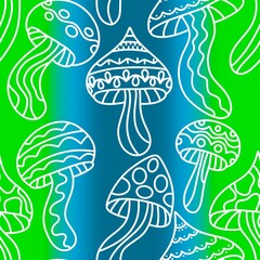 Cartoon autumn harvest seamless neon Halloween mushrooms with skulls pattern for wrapping paper and fabrics