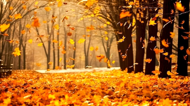 A beautiful autumn scene with leaves falling from trees. The leaves are scattered all over the ground, creating a colorful and serene atmosphere