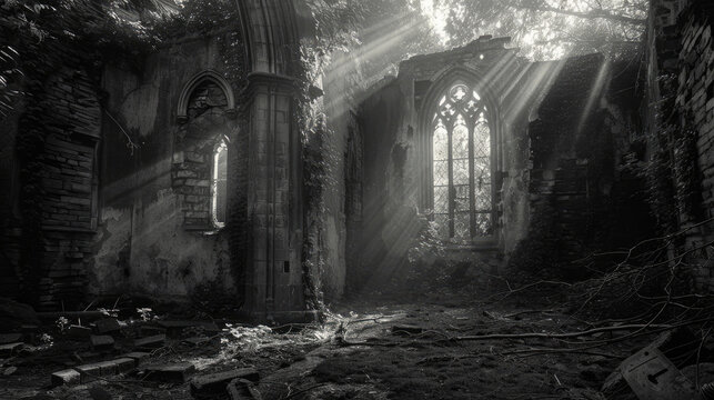 Forgotten Church: Photograph an abandoned church or chapel with weathered stone walls, broken stained glass windows, and ivy creeping up the facade. Generative AI