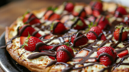 Close-up of chocolate strawberry dessert pizza