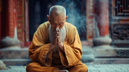 An elderly monk in orange robes meditates peacefully at a serene temple. The atmosphere is mystical with incense smoke. The monks calm demeanor and focused expression exude inner peace. - obrazy, fototapety, plakaty