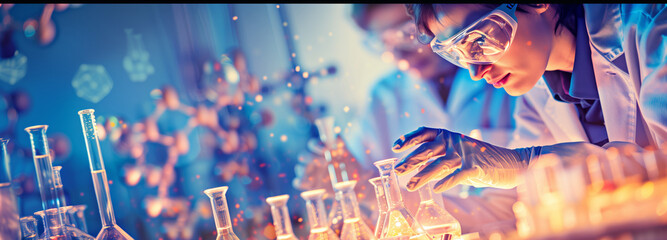 Chemical laboratory in beautiful neon lighting in blue-yellow colours, close-up of doctor taking glass tubes and flasks, panorama for your site medecina