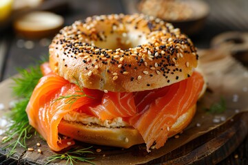 Freshly baked bagels served with dill cream cheese, salmon and cucumbers