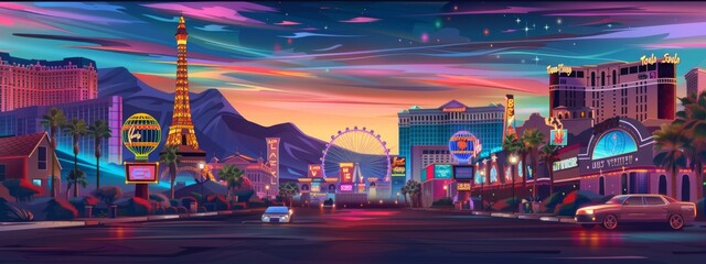 Abstract Background Las Vegas. The energy of Las Vegas after dark with an illustration showcasing its iconic landmarks, abstract background, and banner design. 