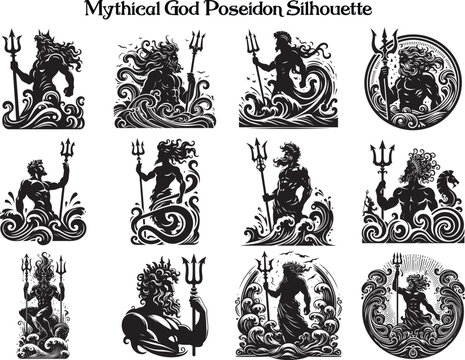 Greek Mythic Sea God Poseidon Silhouette Vector Illustration Set