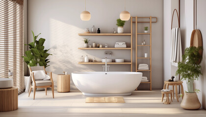 Fototapeta na wymiar bathroom with large tub centerpiece in Japandi Style