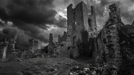 Ruin of a Castle: Photograph the remnants of a medieval castle or fortress, with crumbling walls, moss-covered stones, and empty battlements. Generative AI - obrazy, fototapety, plakaty