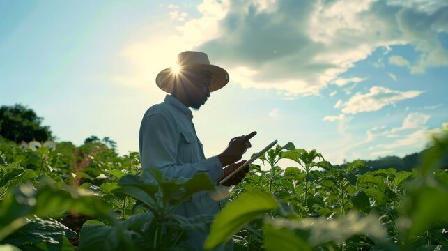 A young African American male farmer is standing in a lush green field and using a tablet. He is wearing a hat and the sun is shining brightly. The farmer is looking at the tablet and smiling.