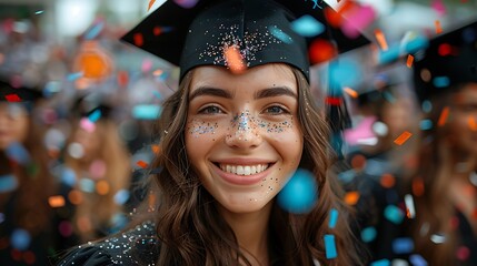 Close up photography of girl graduate from education wear toga hat happy face AI image Generative - obrazy, fototapety, plakaty