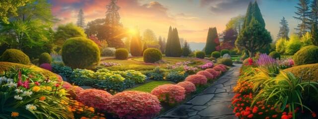 Upscale home garden at sunset, panoramic view of beautiful landscaped house backyard. Wide banner with path, flowers, trimmed bushes and green plants. Concept of landscaping, summer