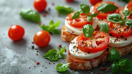 Foto op Plexiglas Bruschetta with tomatoes, mozzarella cheese and basil on a cutting board. © Vasiliy