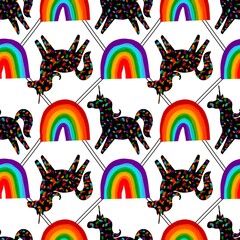 Summer cartoon animals print seamless lgbt rainbow and unicorn pattern for wrapping and fabrics and pride party